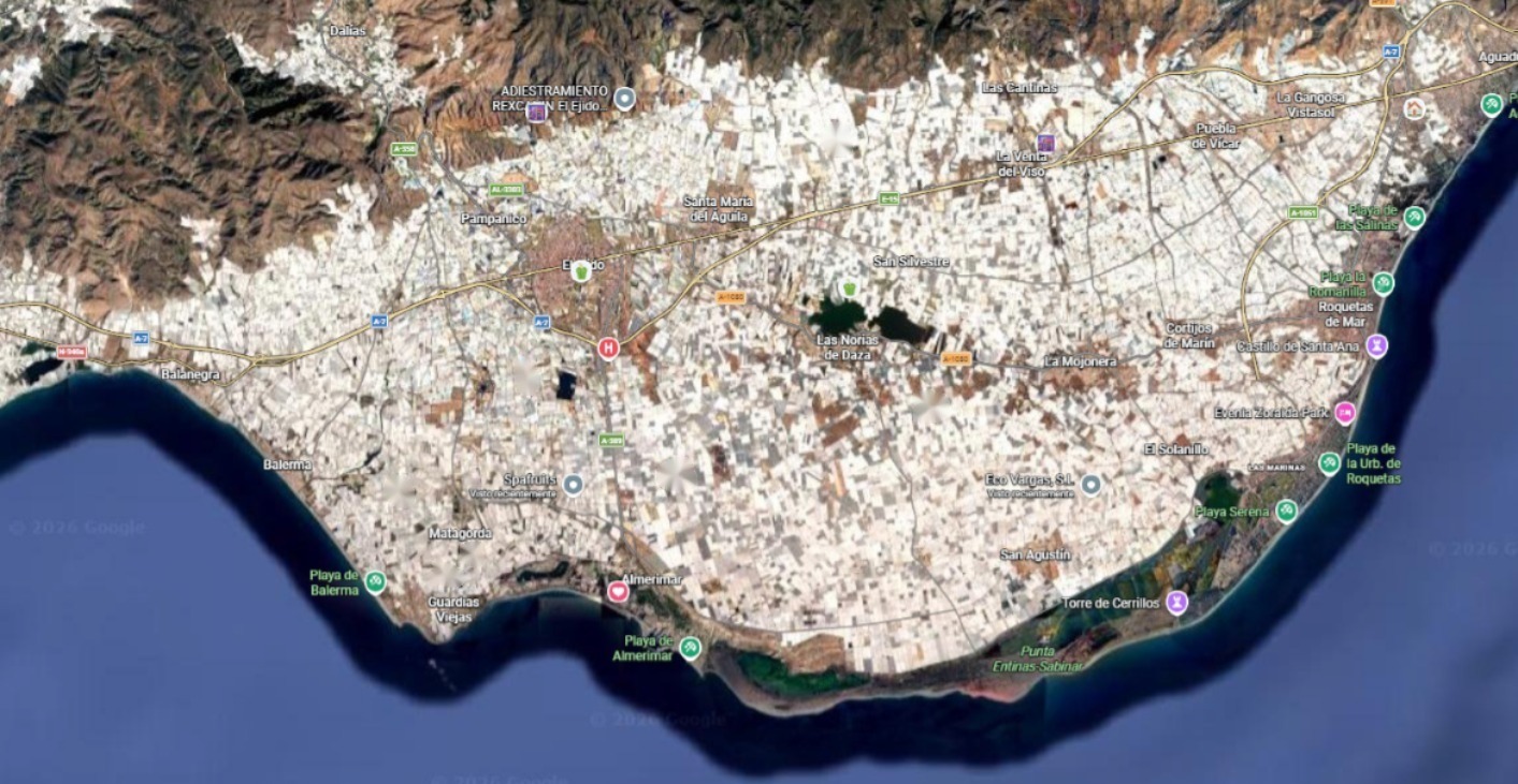Aerial view of Campo de El Ejido, from Balerma to Roquetas de Mar